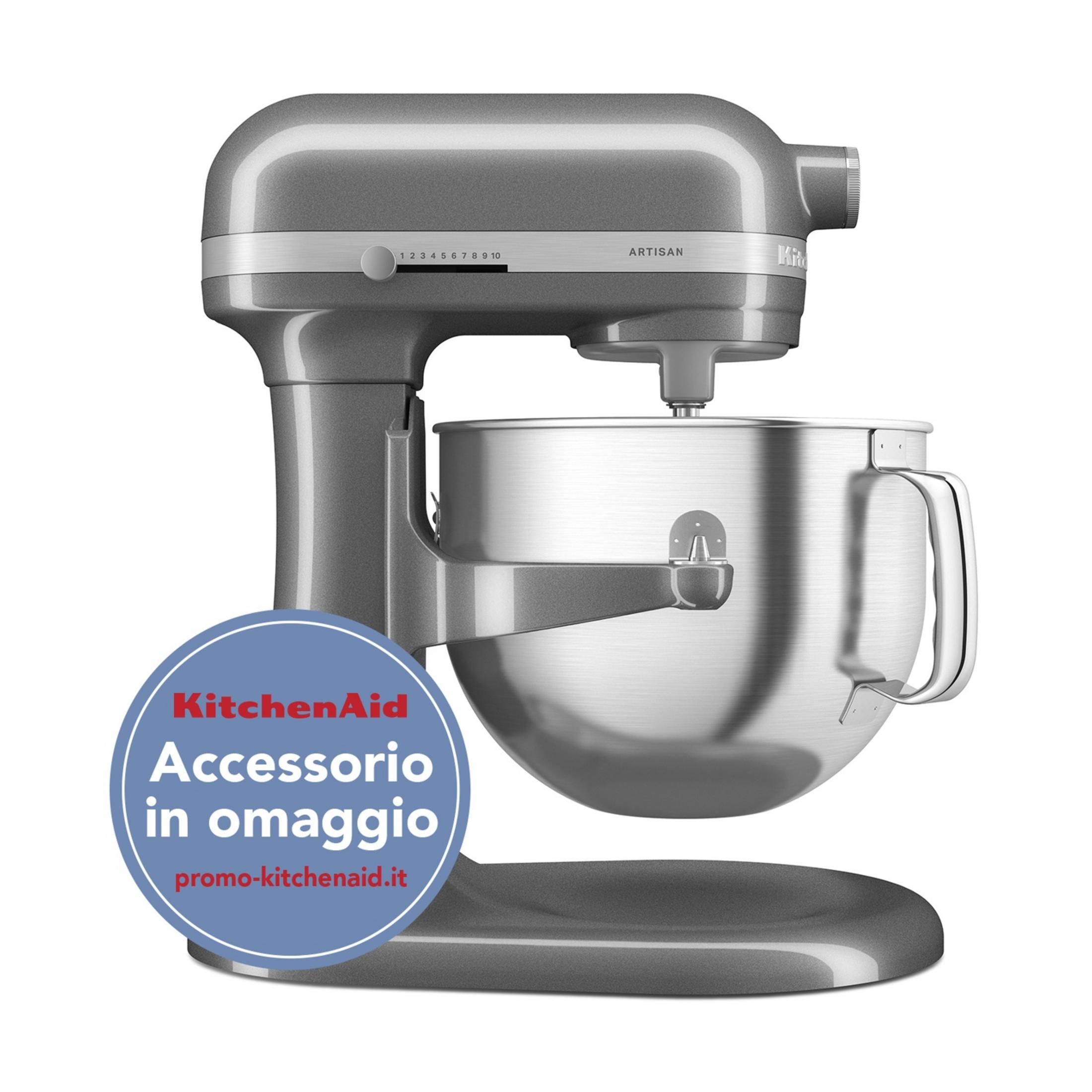 Paslanmaz çelik haznesi olan gri KitchenAid Artisan stand mikseri, beyaz arka plan.