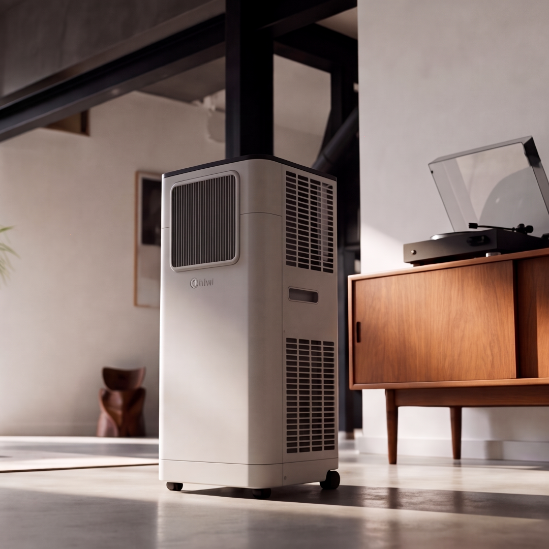 Un condizionatore bianco accanto a un giradischi su un mobile di legno.
