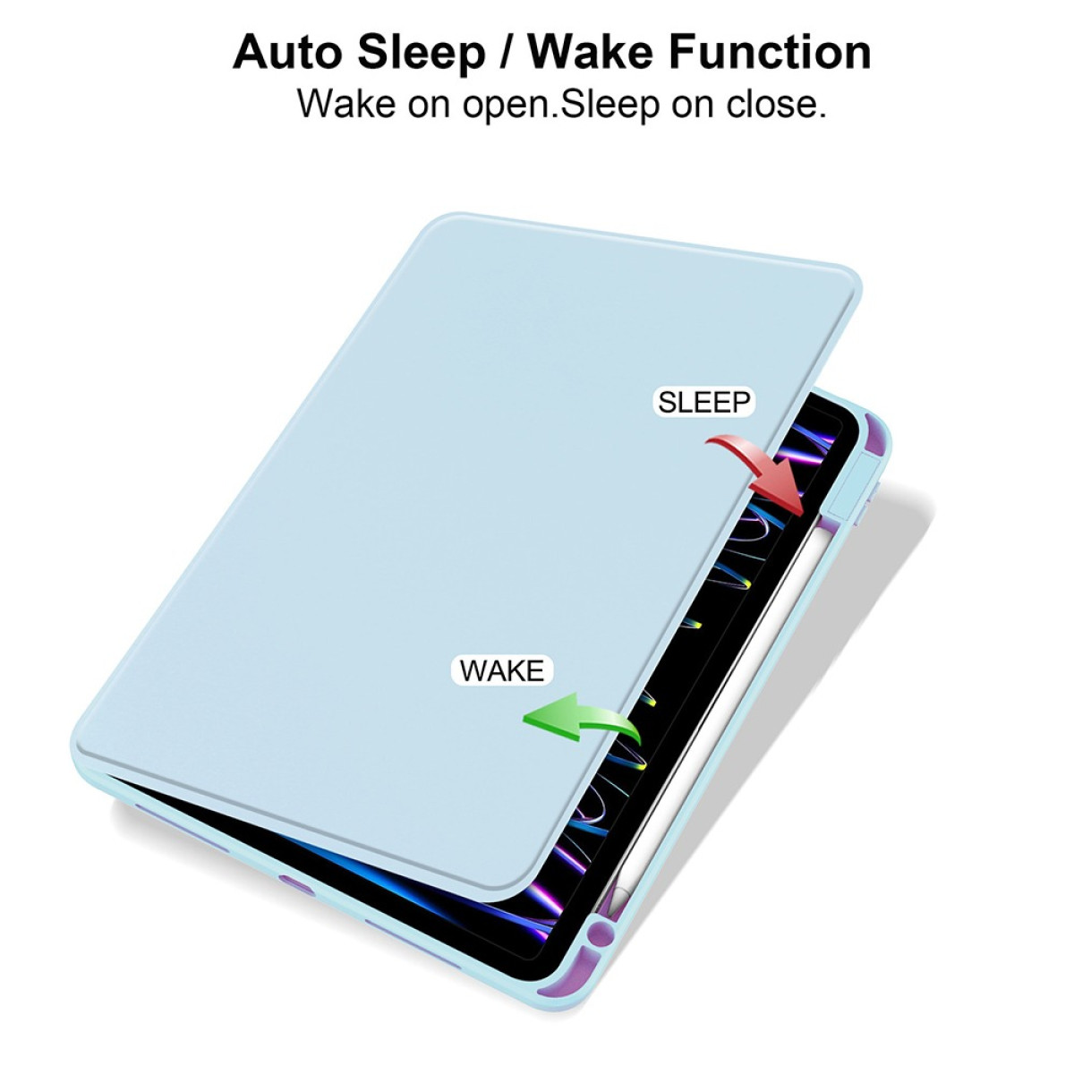Ein hellblaues Tablet mit Hülle. Pfeile zeigen Sleep/Wake-Funktion.