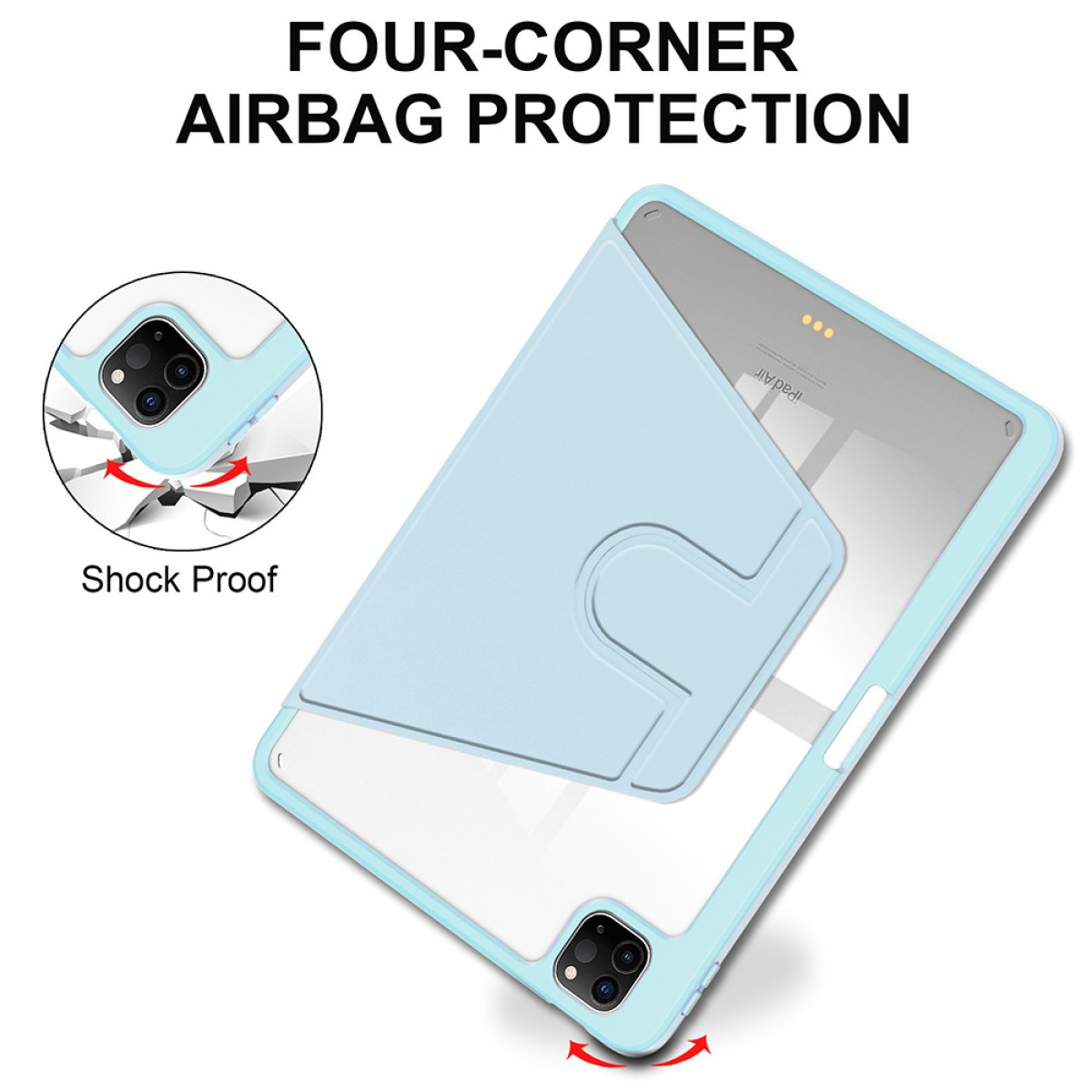 Helles blaues iPad-Geh äuse mit transparentem Rückenteil und vierfachem Eckenschutz.