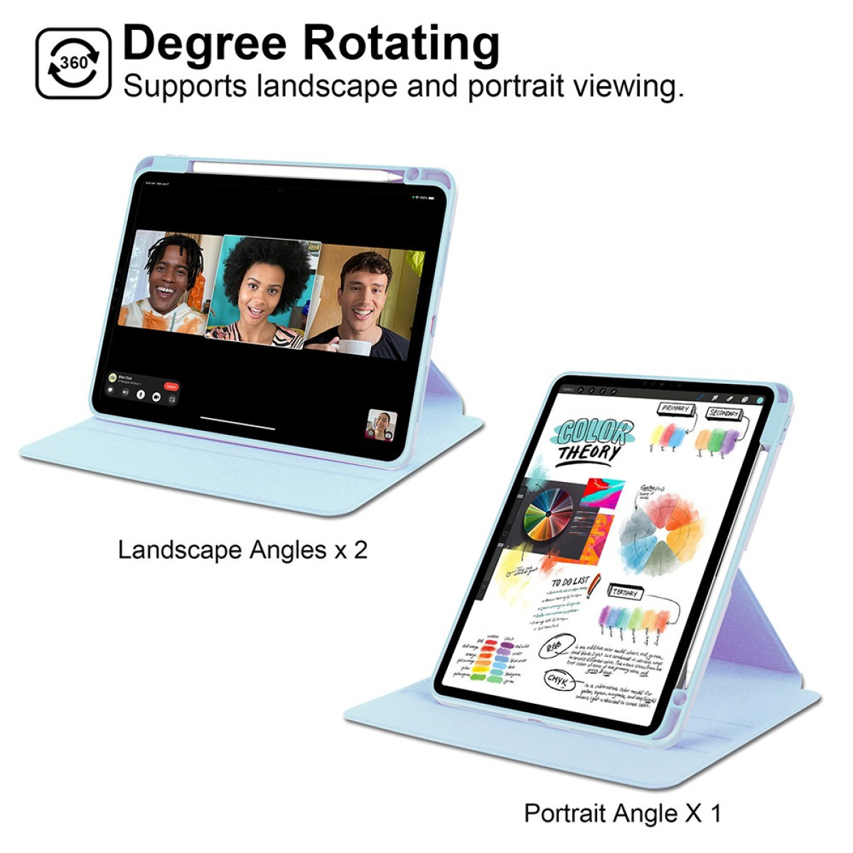 Tablets in hellblauen Hüllen zeigen Landschafts- und Porträtansichten. Oben Videoanruf.