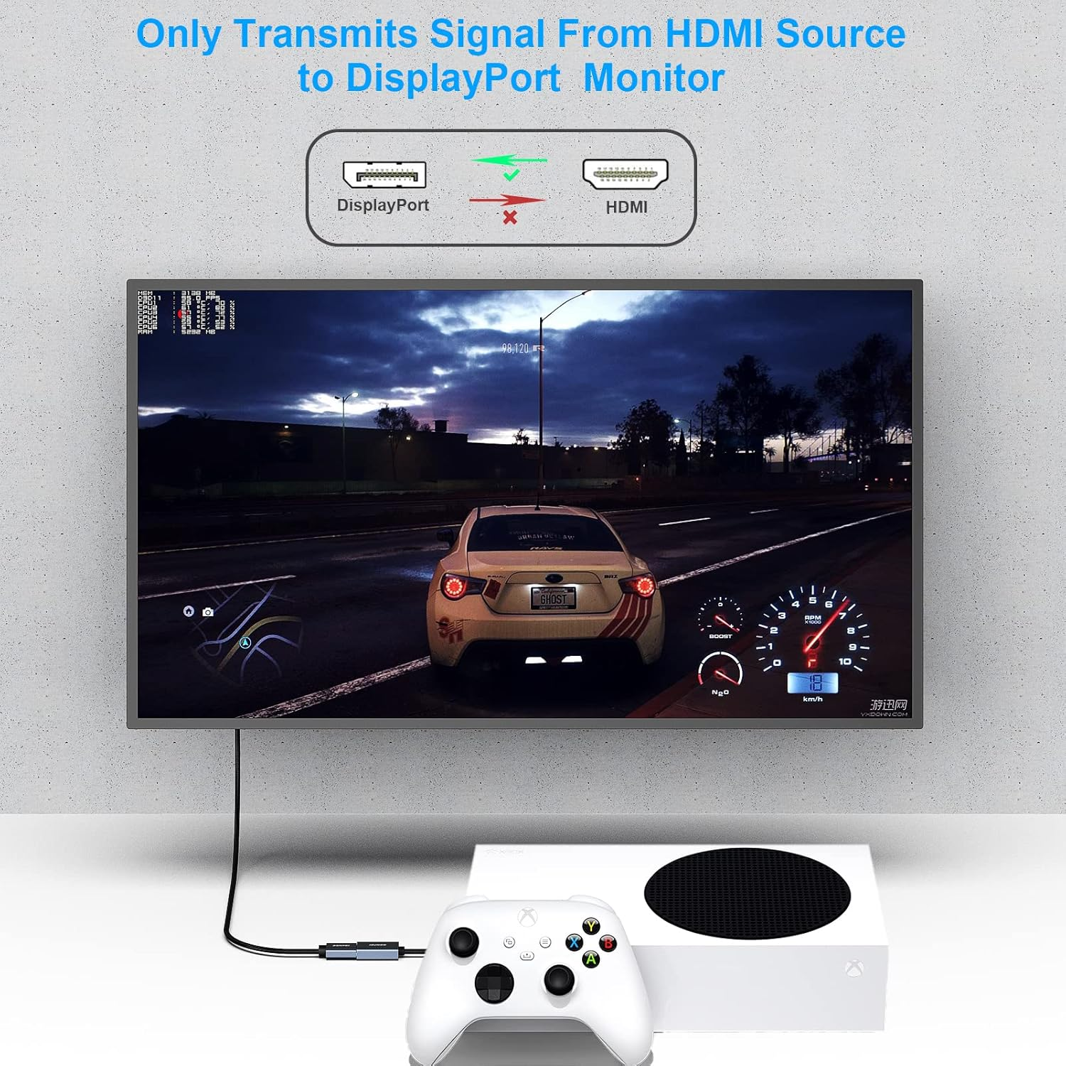 Ein Xbox Controller und Konsole sind mit einem Fernseher verbunden, der ein Autorennen zeigt.
