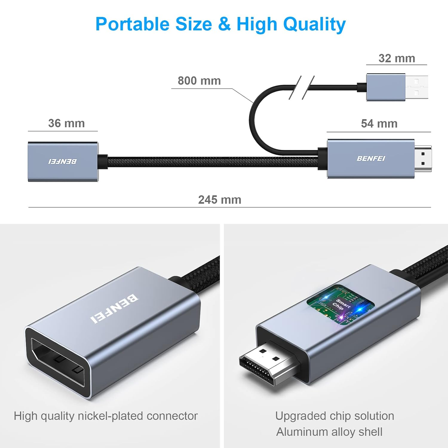 Ein BENFEI HDMI-Adapterkabel mit USB-C-Anschluss. Maße sind angegeben.