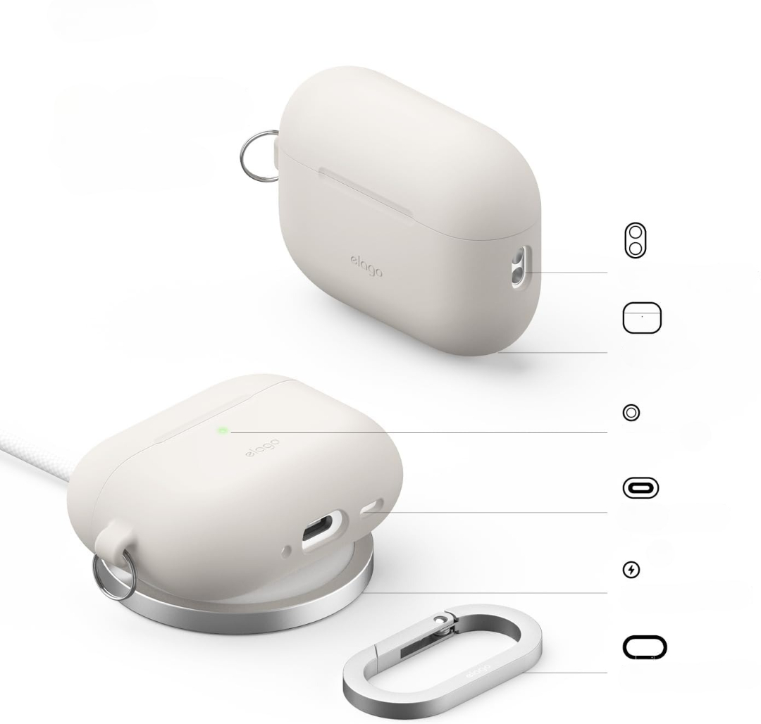 Dwa białe etui na AirPods Pro z portem ładowania i brelokiem.