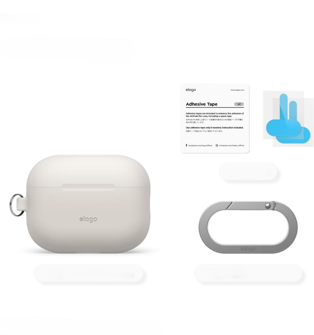 Jasnobrążowe etui na AirPods Pro z karabińczykiem i taśmą klejącą.