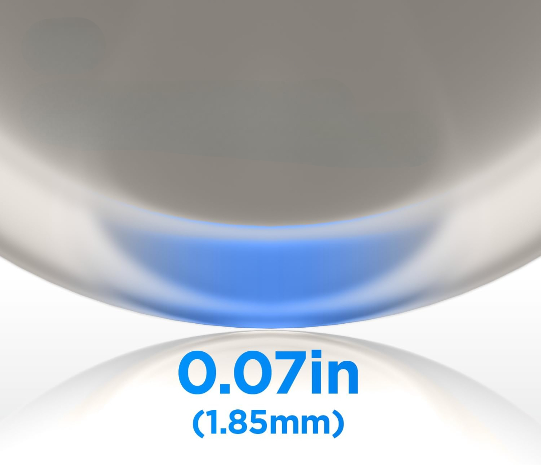 Zbliżenie przezroczystej powierzchni z napisem "0,07 cala (1,85 mm)".