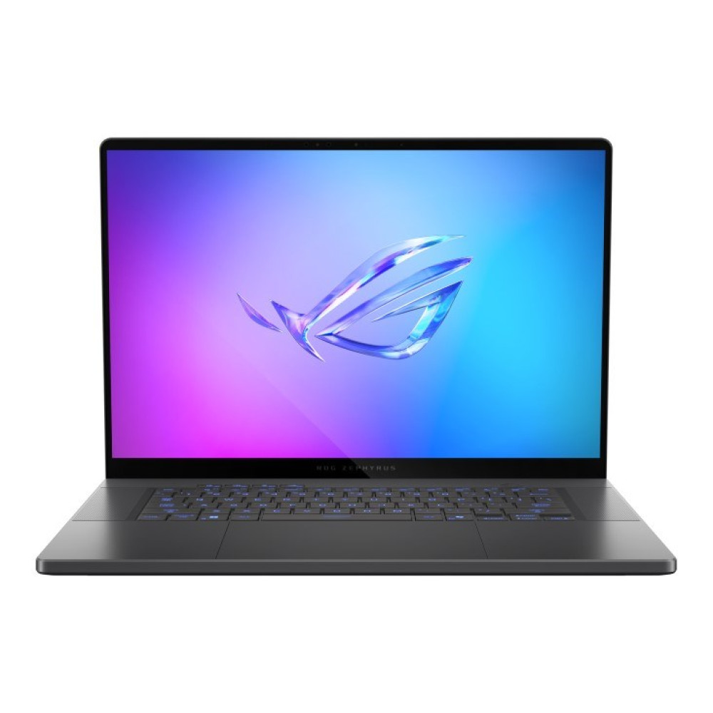 Ciemnoszary laptop z niebieskim logo ROG na ekranie z gradientem fioletowym i niebieskim.