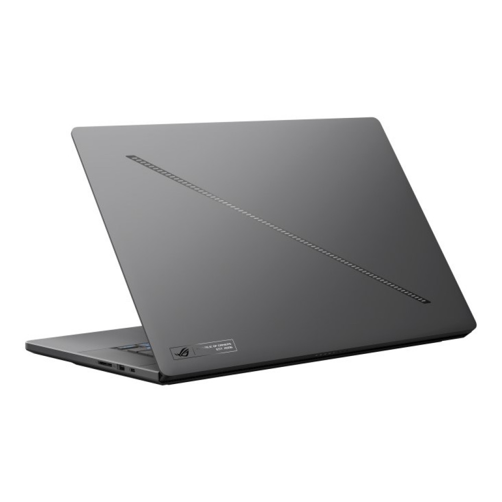 Szary zamknięty laptop z kropkowaną linią i logo na pokrywie.