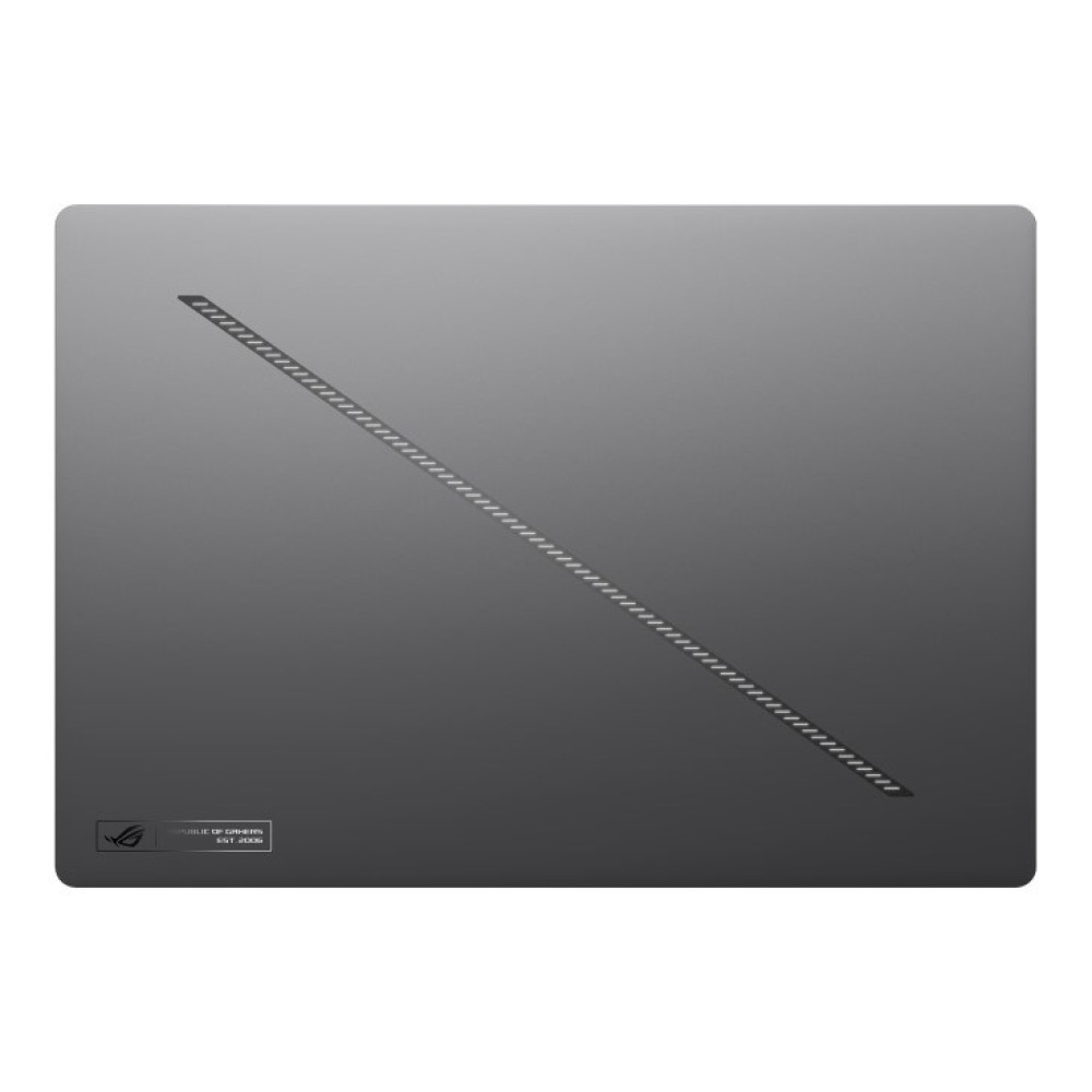 Szara pokrywa laptopa z diagonalnym wzorem i logo ROG.