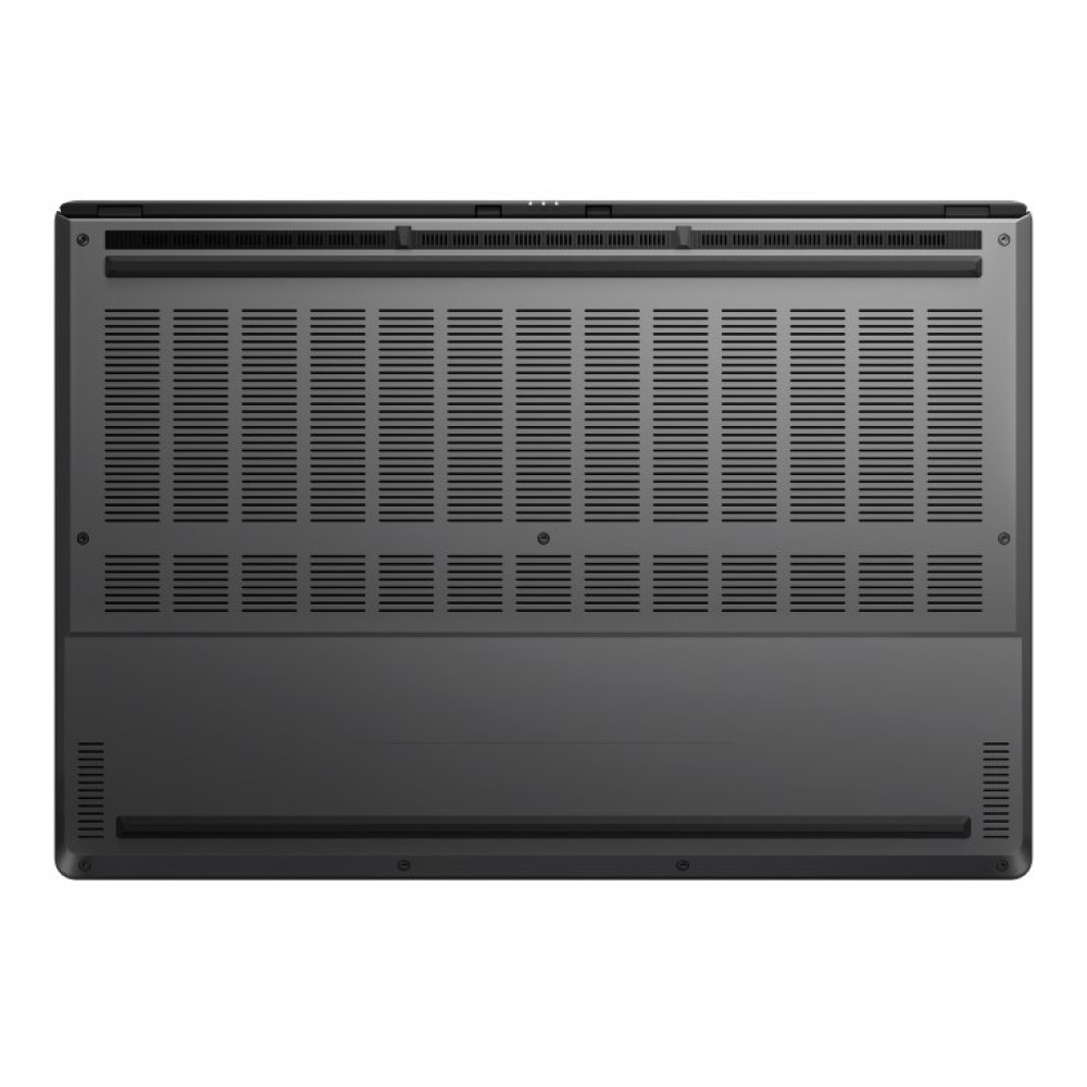 Spód czarnego laptopa z otworami wentylacyjnymi i śrubami.