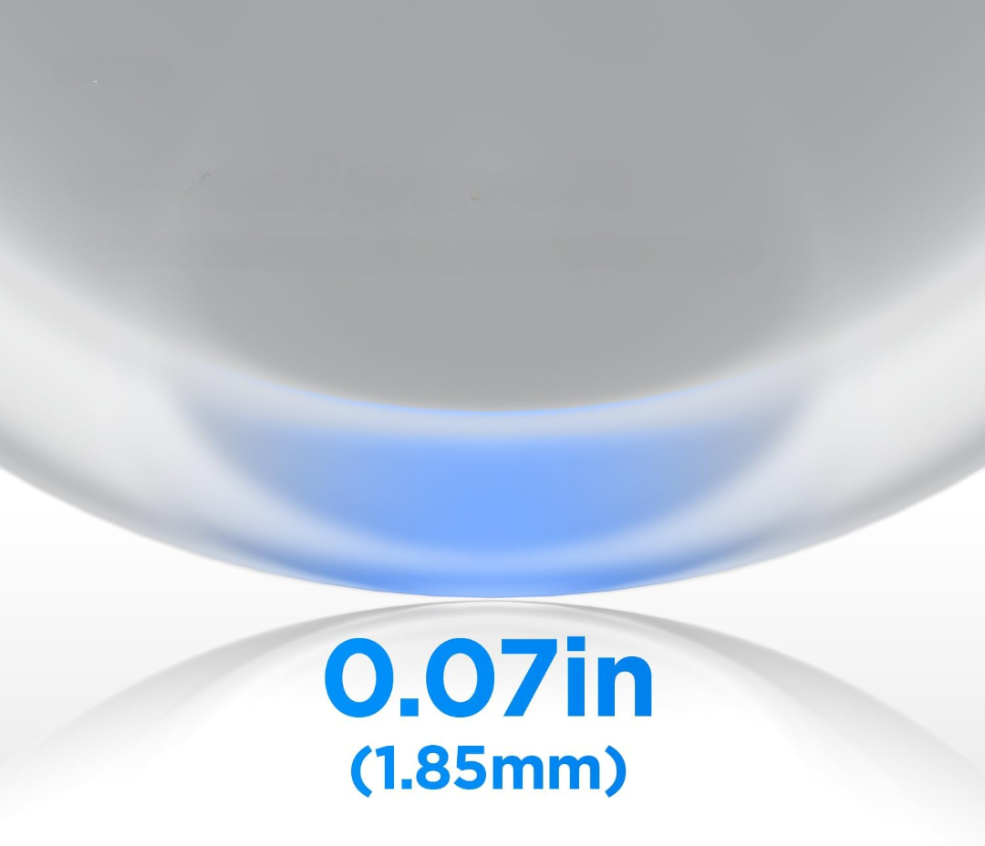 Zbliżenie pokazuje niebieski pasek na białym tle z tekstem 0,07 cala (1,85 mm).