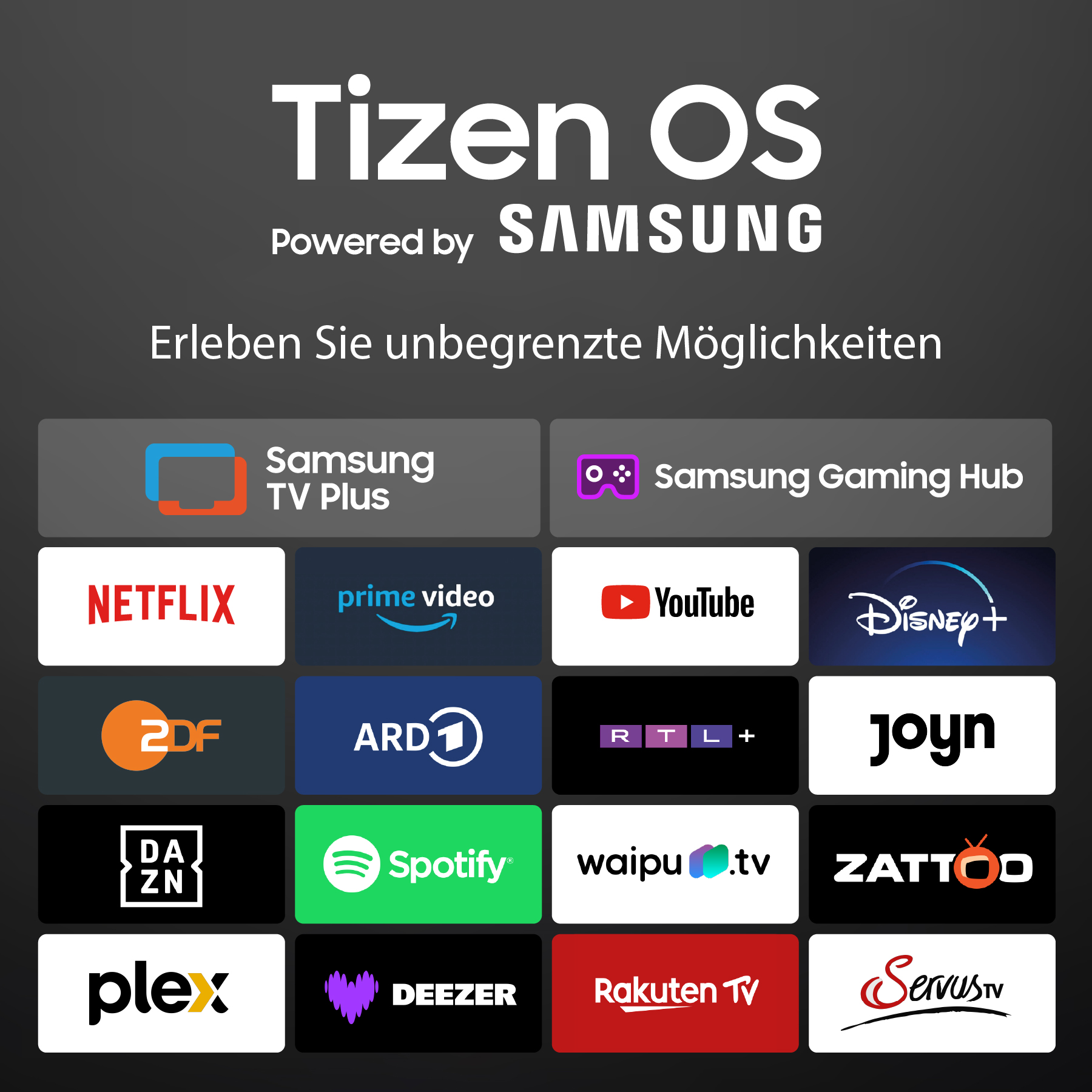 Tizen OS de Samsung con apps como Netflix, Prime Video, YouTube, Disney+.