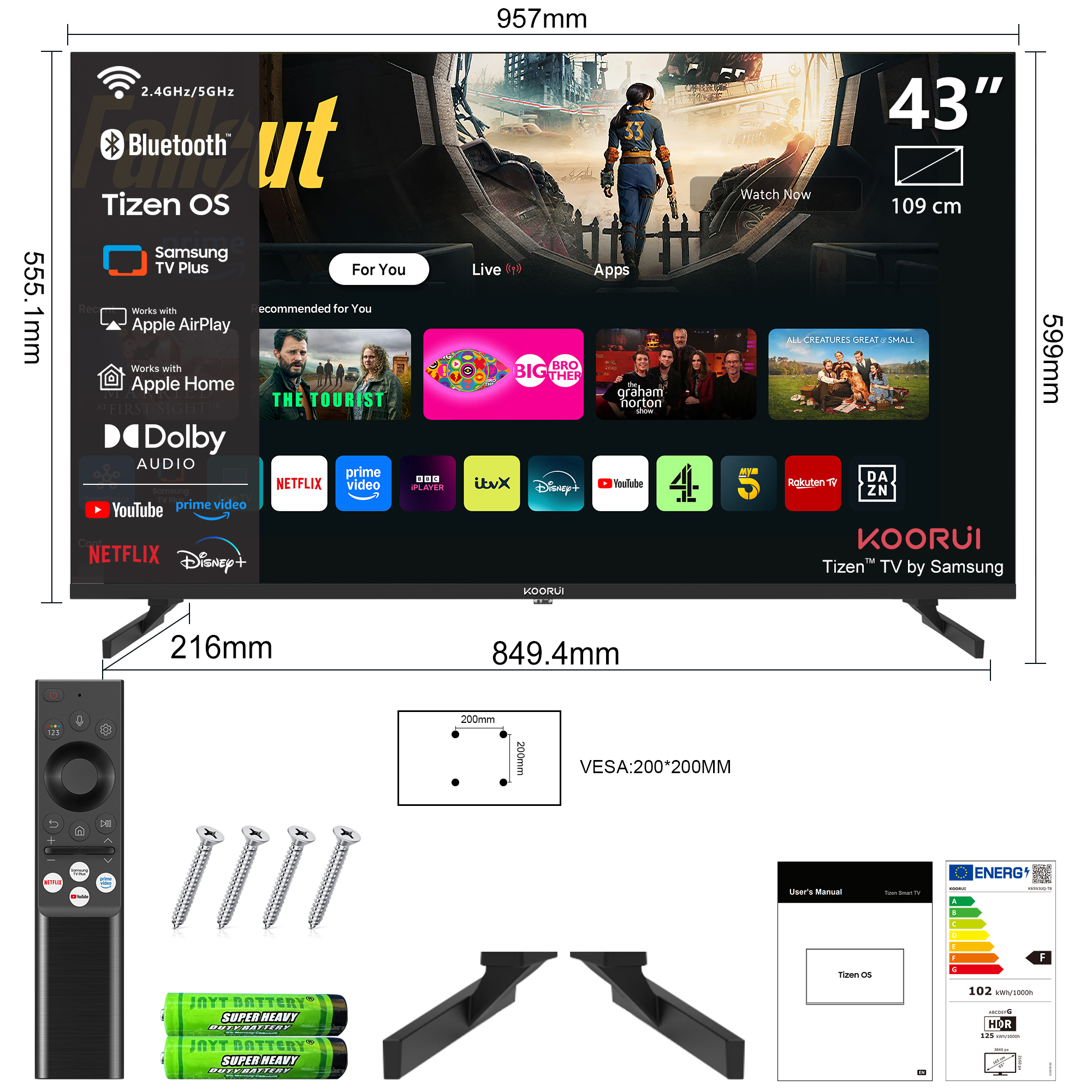Ein 43-Zoll-Fernseher mit Fernbedienung, Schrauben, Batterien und Zubehör.