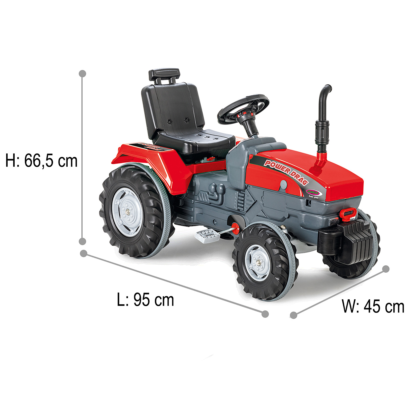 Ein roter Spielzeugtraktor mit schwarzem Sitz, Lenkrad und Auspuff.