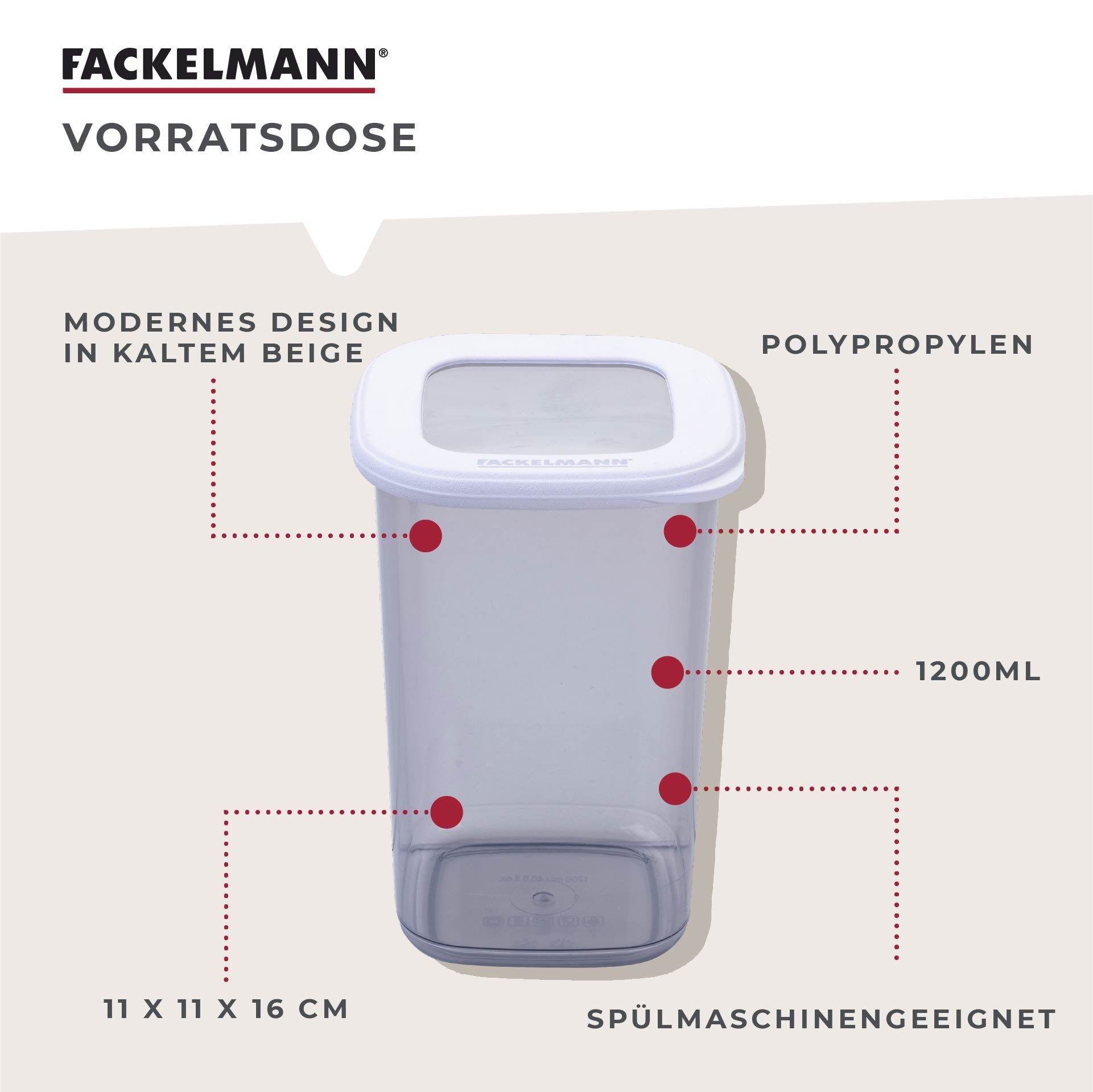 Récipient de stockage gris en polypropylène avec couvercle blanc, 1200ml.