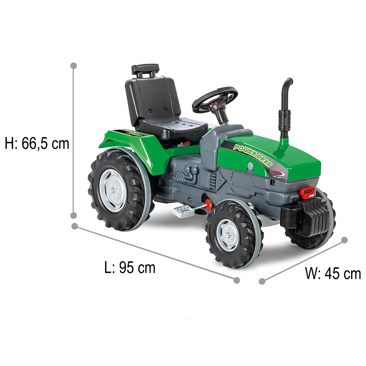 Ein grüner Spielzeug-Traktor mit schwarzem Sitz, Lenkrad und Auspuff.