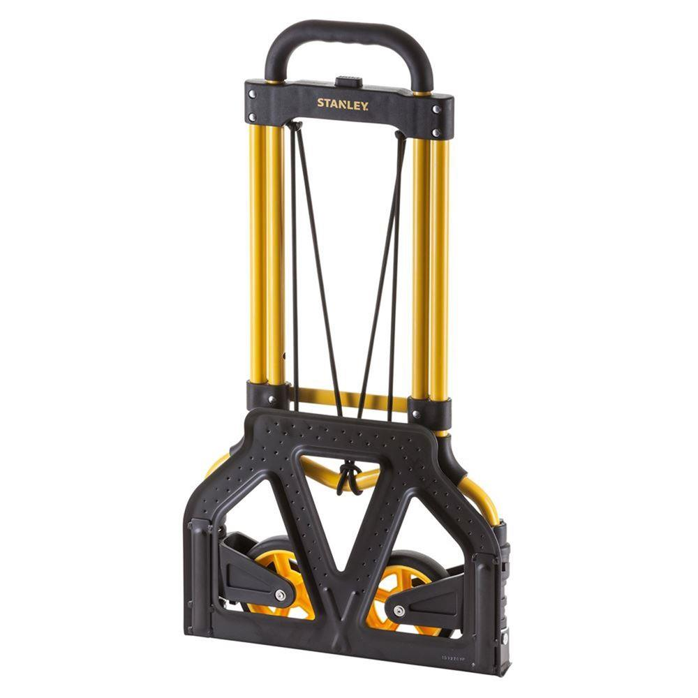 Un carrello Stanley giallo e nero con ruote e manico.