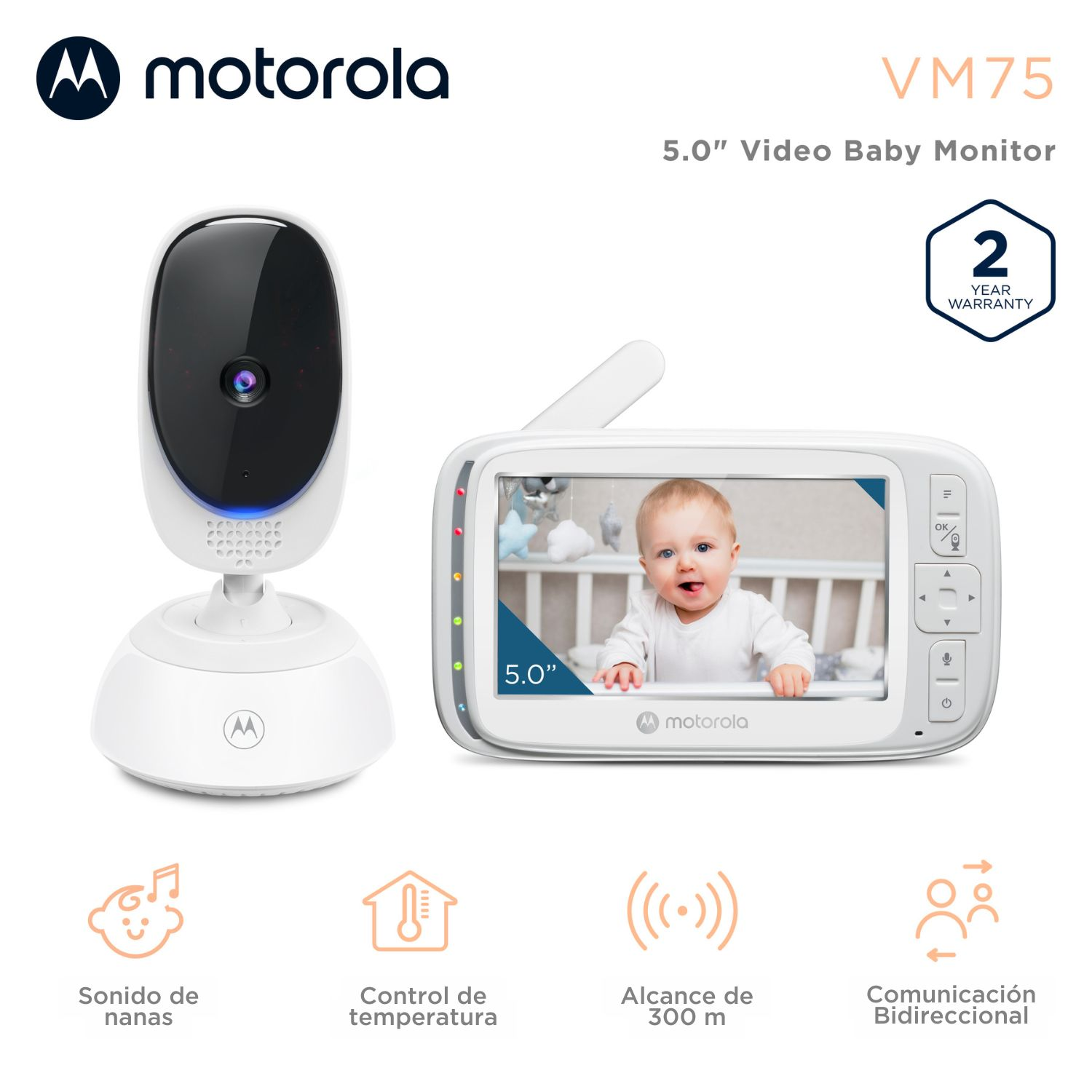 Baby monitor Motorola VM75 con telecamera e schermo da 5 pollici, mostra un bambino.
