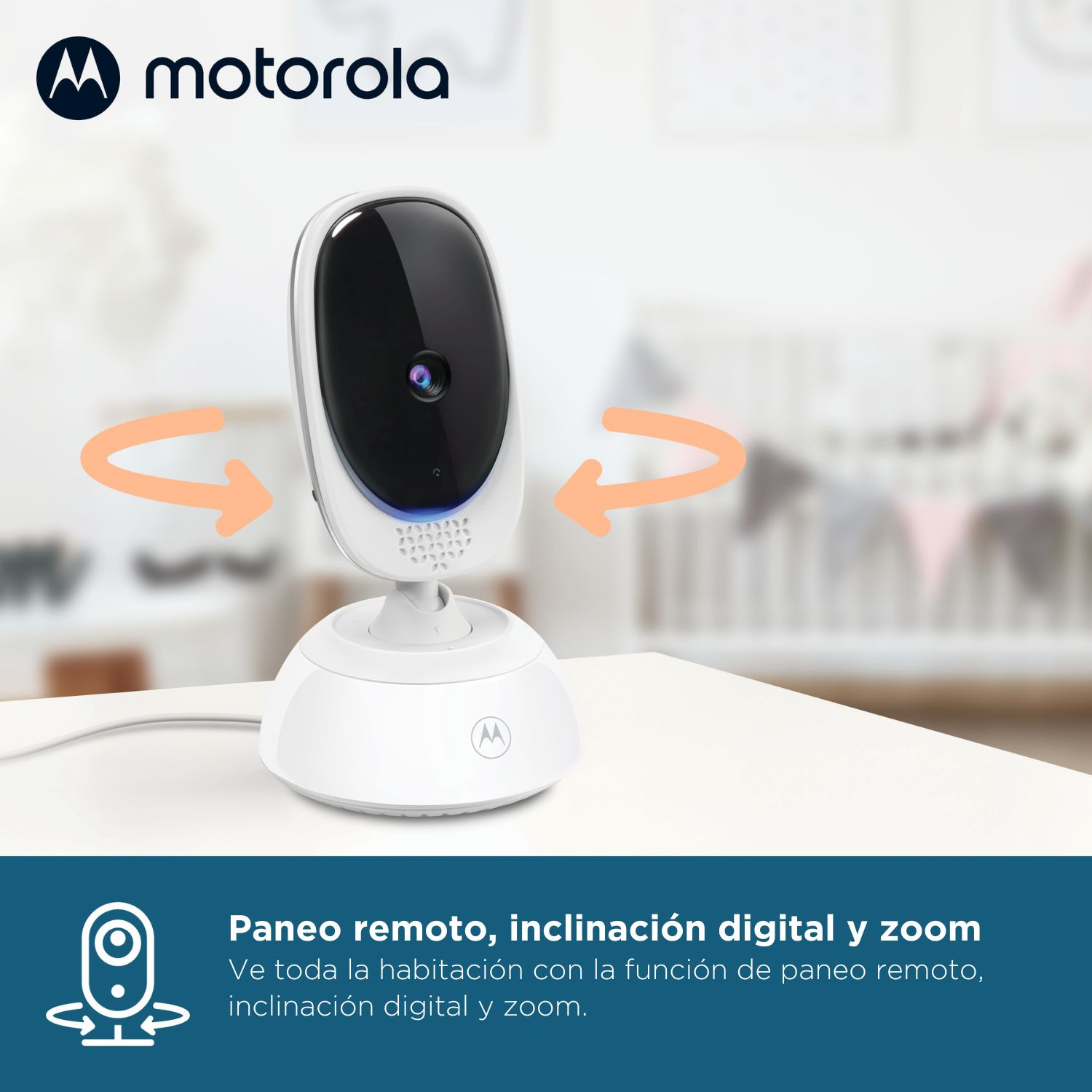 Un baby monitor Motorola con funzioni di panoramica, inclinazione e zoom remoto.
