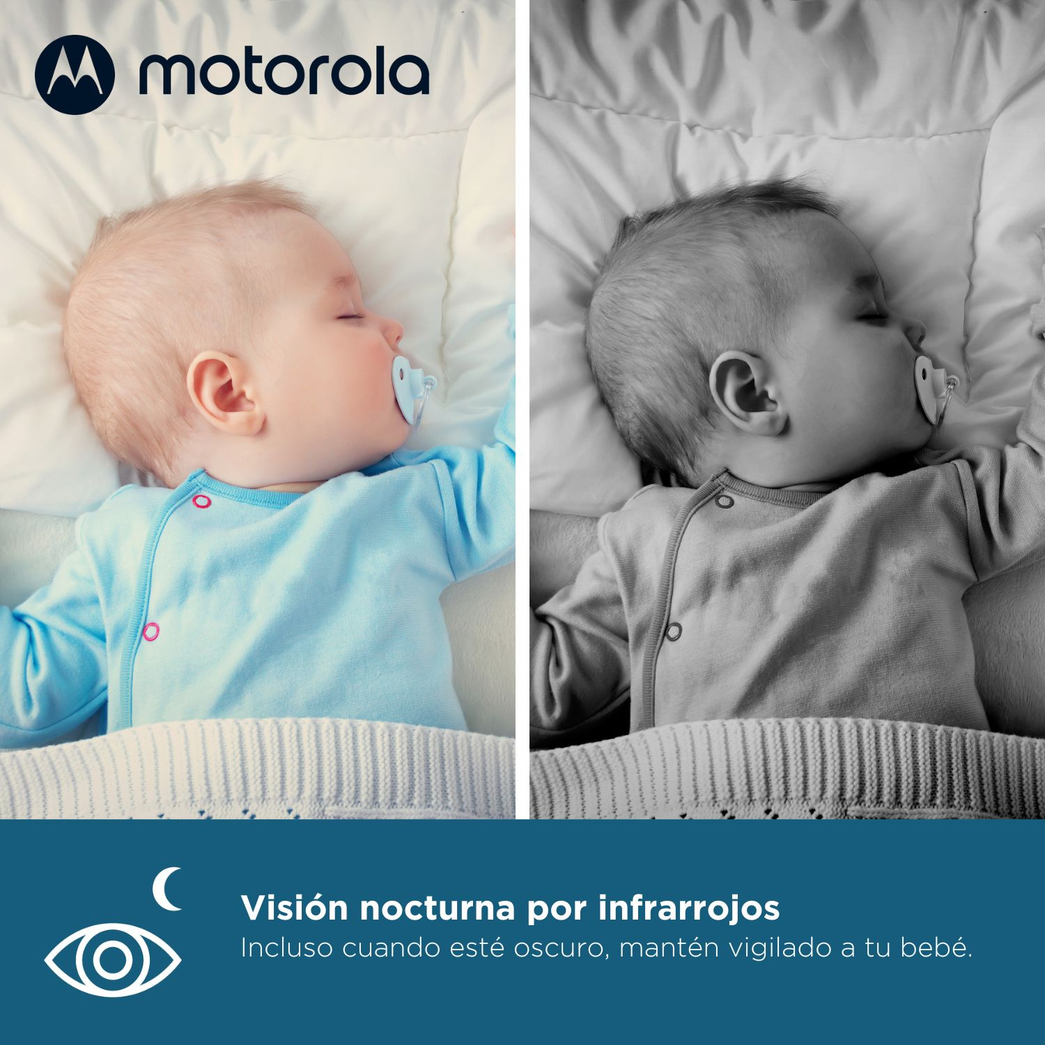 Un bambino dorme con il ciuccio, a sinistra a colori, a destra in bianco e nero.