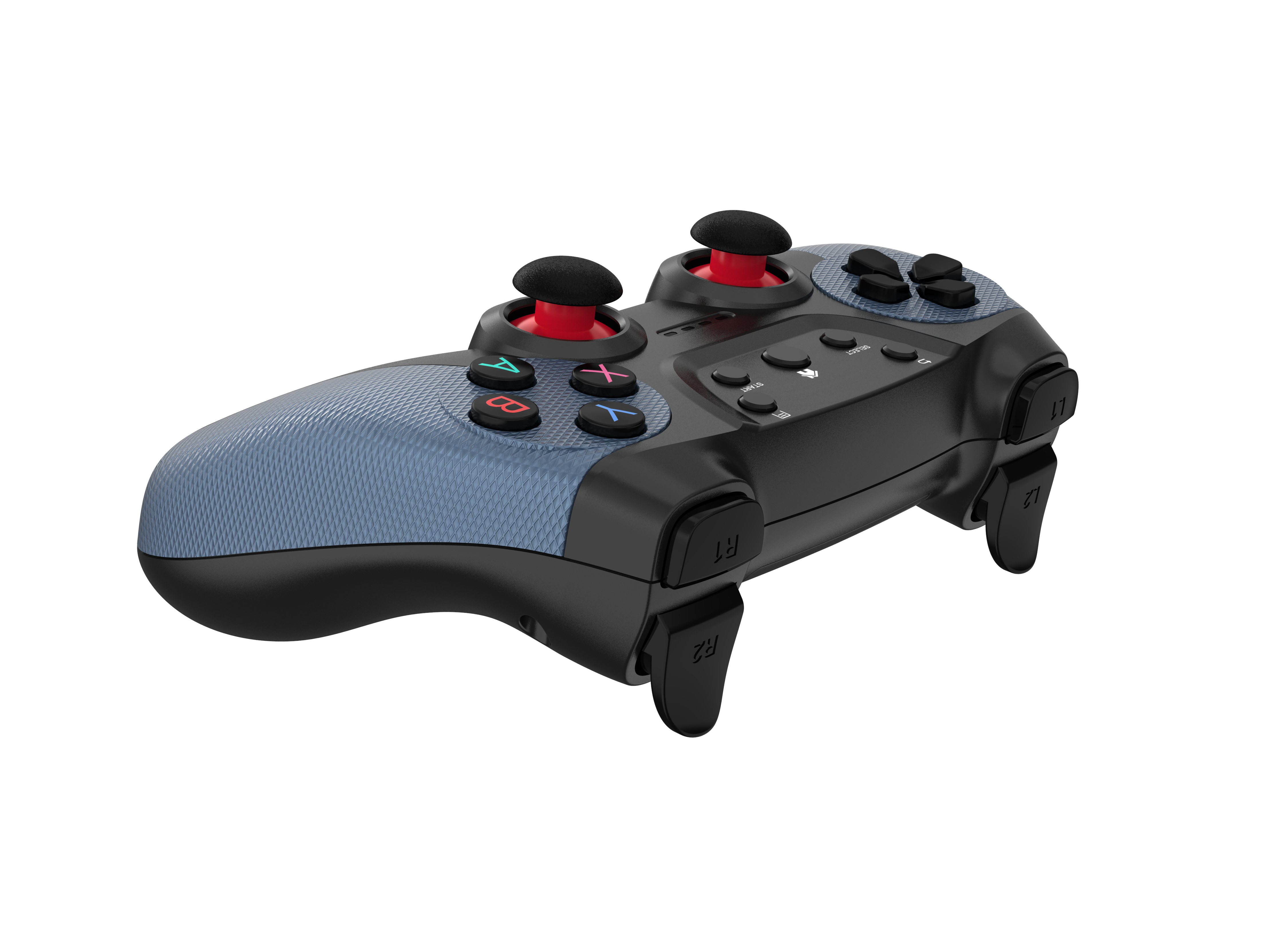 Schwarzer Controller mit blauem Griff und roten Joysticks. Weiße Tasten.