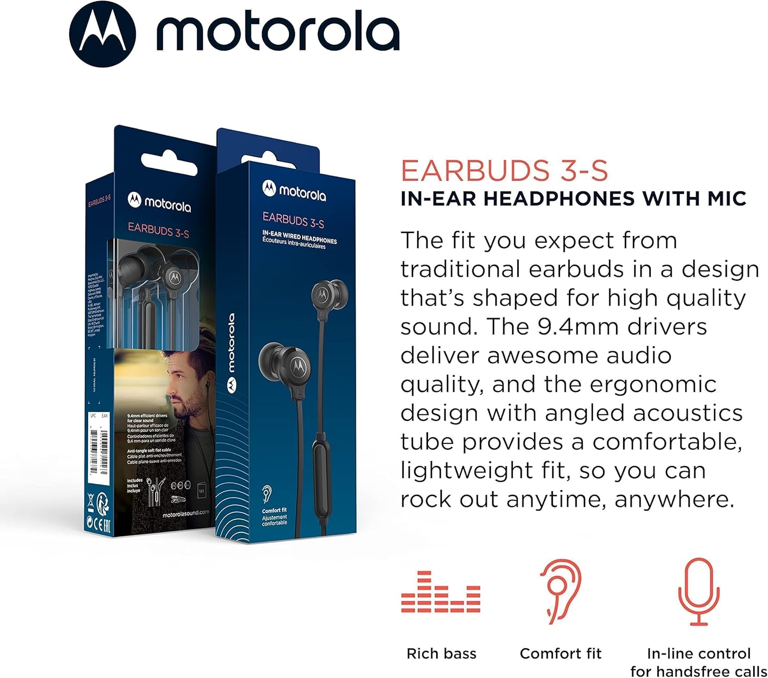 Cuffie Motorola Earbuds 3-S con microfono su confezione blu.