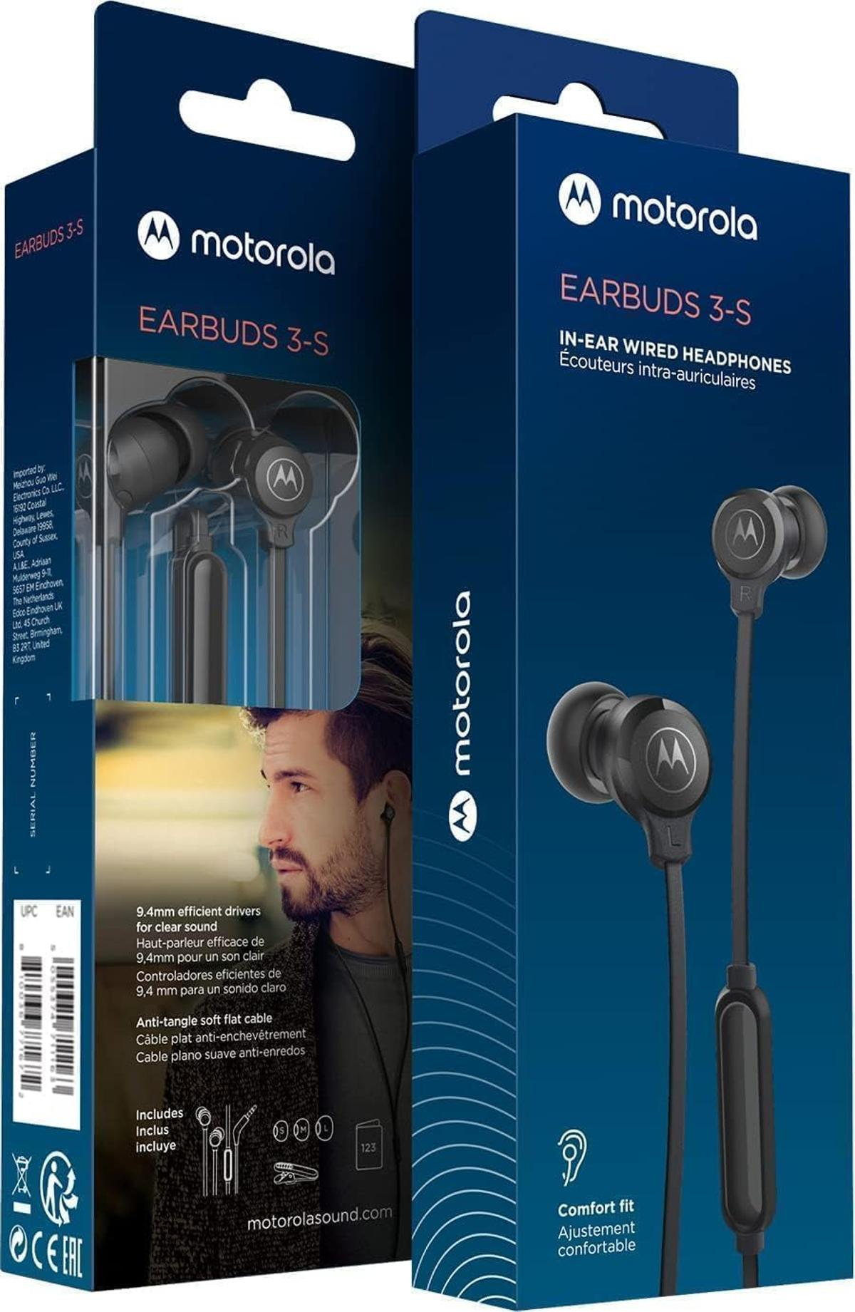 Confezione Motorola Earbuds 3-S con auricolari e dettaglio di un uomo
