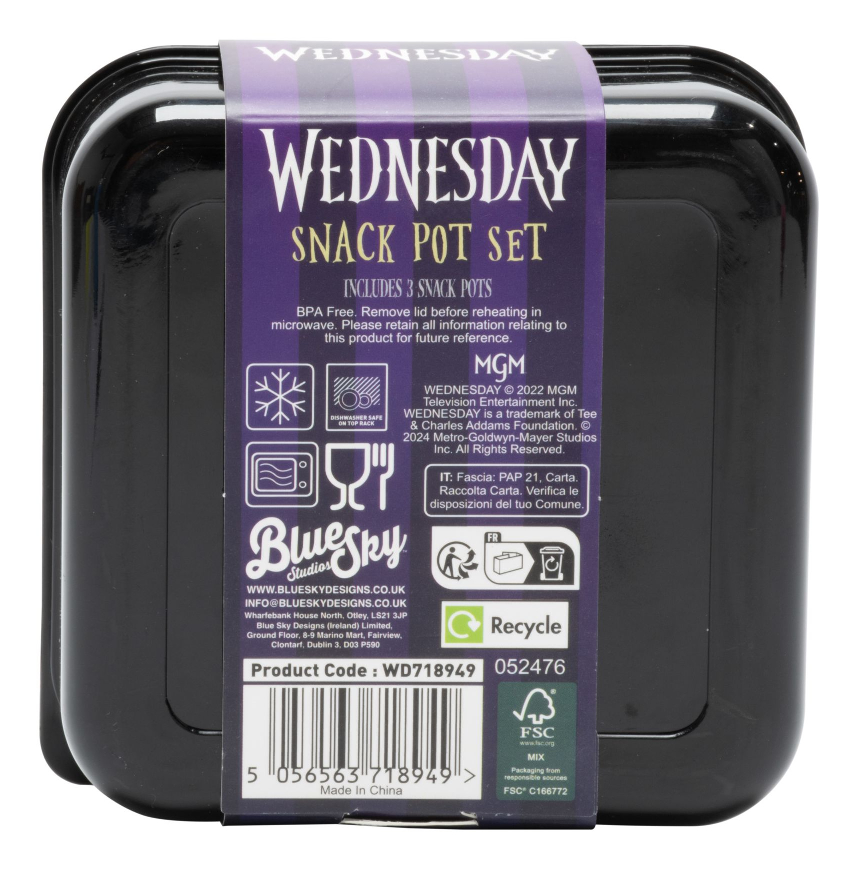 Schwarzer Snack-Topf-Set mit 'Wednesday'-Motiv. BPA-frei, spülmaschinenfest.