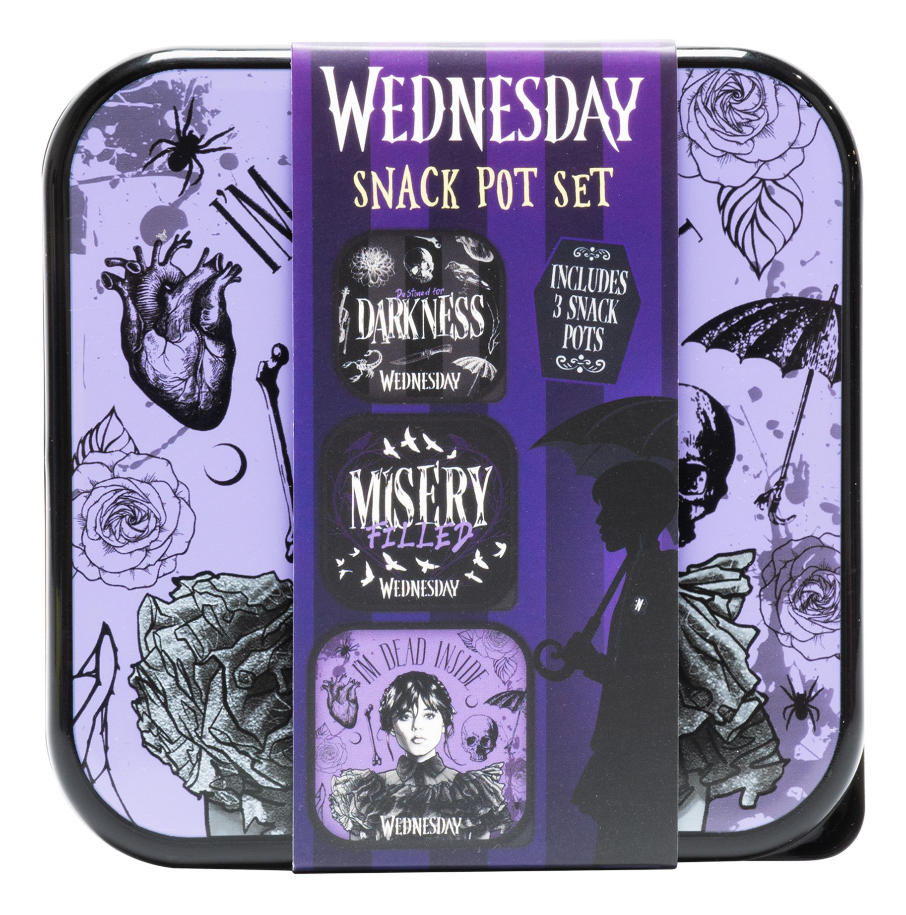 Mittwoch Snackdosen-Set mit lila Hintergrund, Totenkopf, Rose und Spinne.