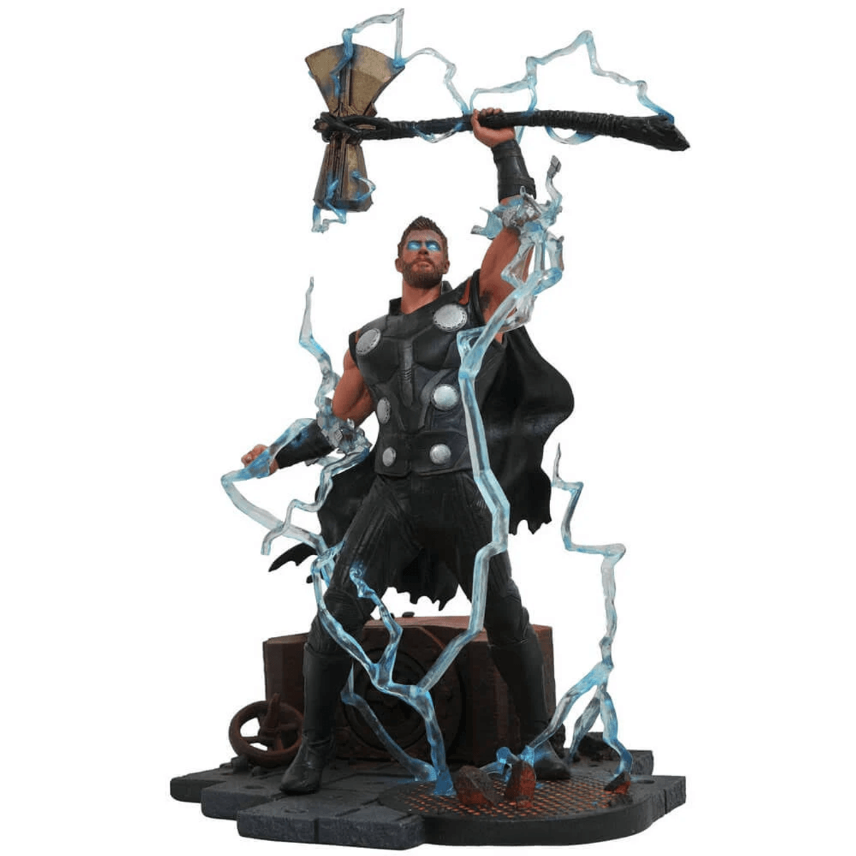 Figura de Thor con martillo y rayos sobre una base.