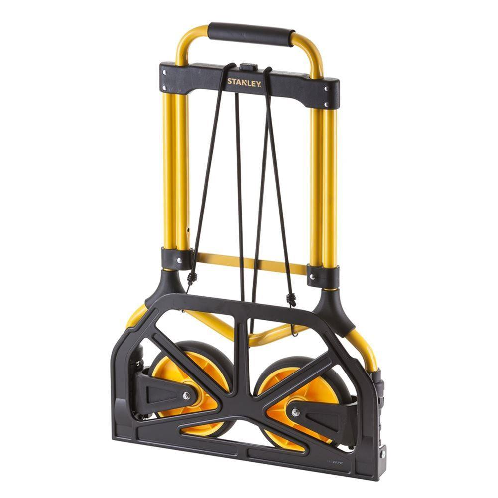 Un carrello pieghevole giallo e nero con ruote.