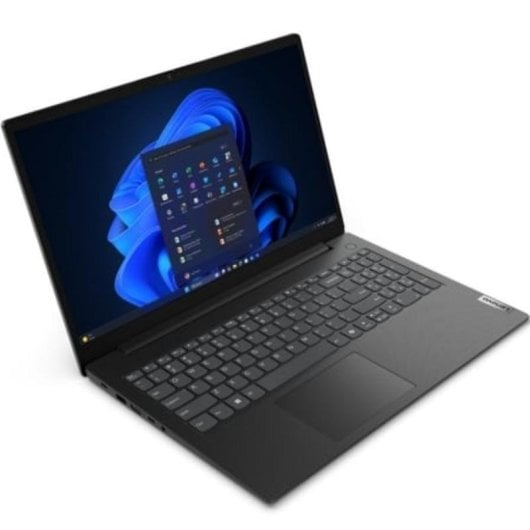 Portátil negro abierto, mostrando un fondo de pantalla azul de Windows con iconos de apps.