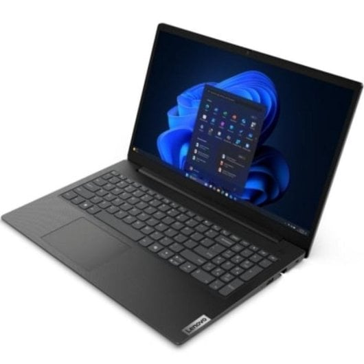 Un portátil negro que muestra un fondo azul de Windows con aplicaciones abiertas.