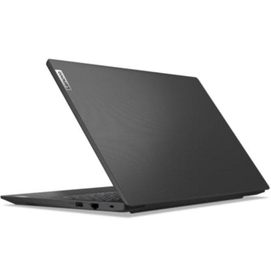 Un portátil Lenovo negro cerrado sobre fondo blanco, visto de lado.