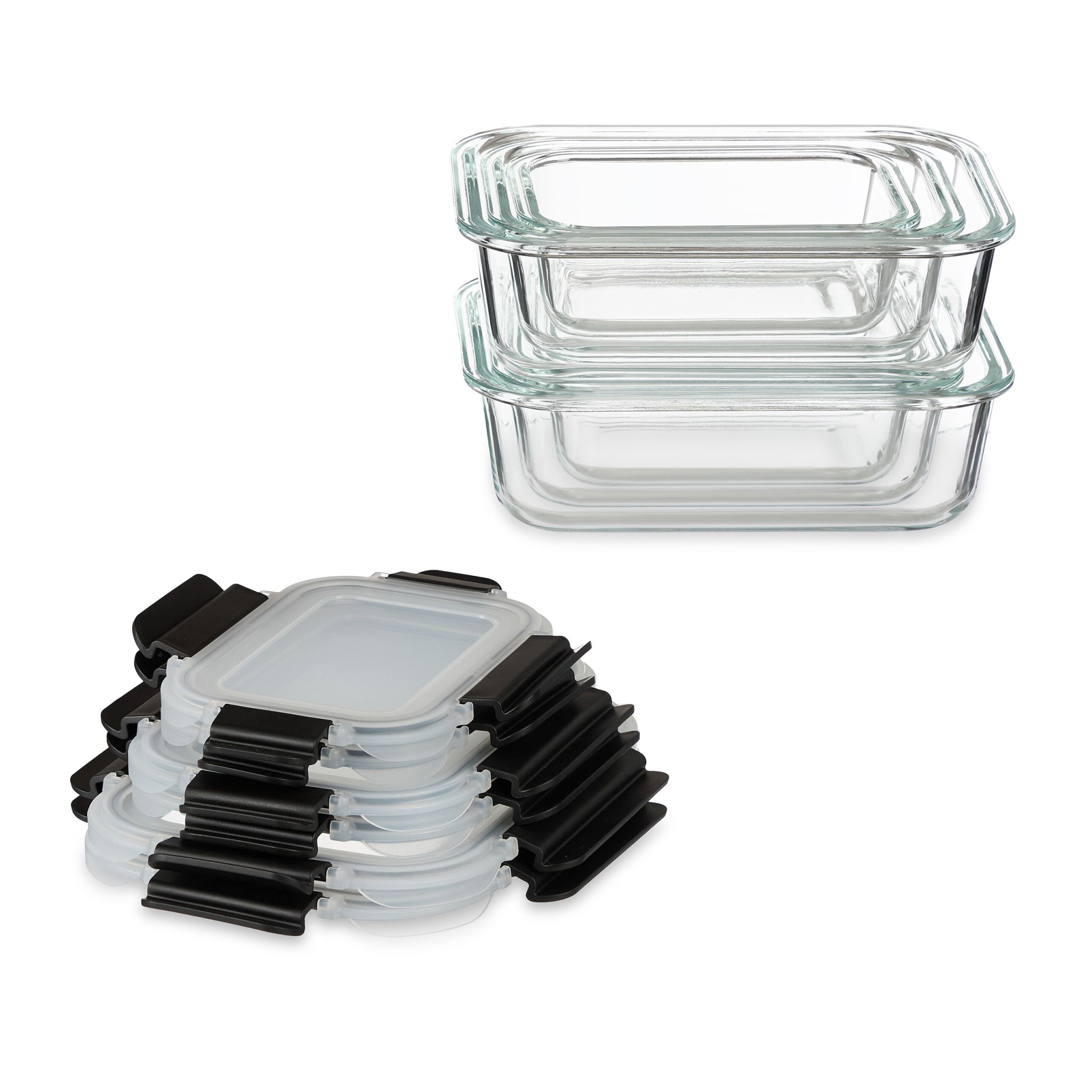 Stapel von drei durchsichtigen Glasbehältern mit Deckeln und einem separaten Stapel durchsichtiger Deckel mit schwarzen Verschlüssen.