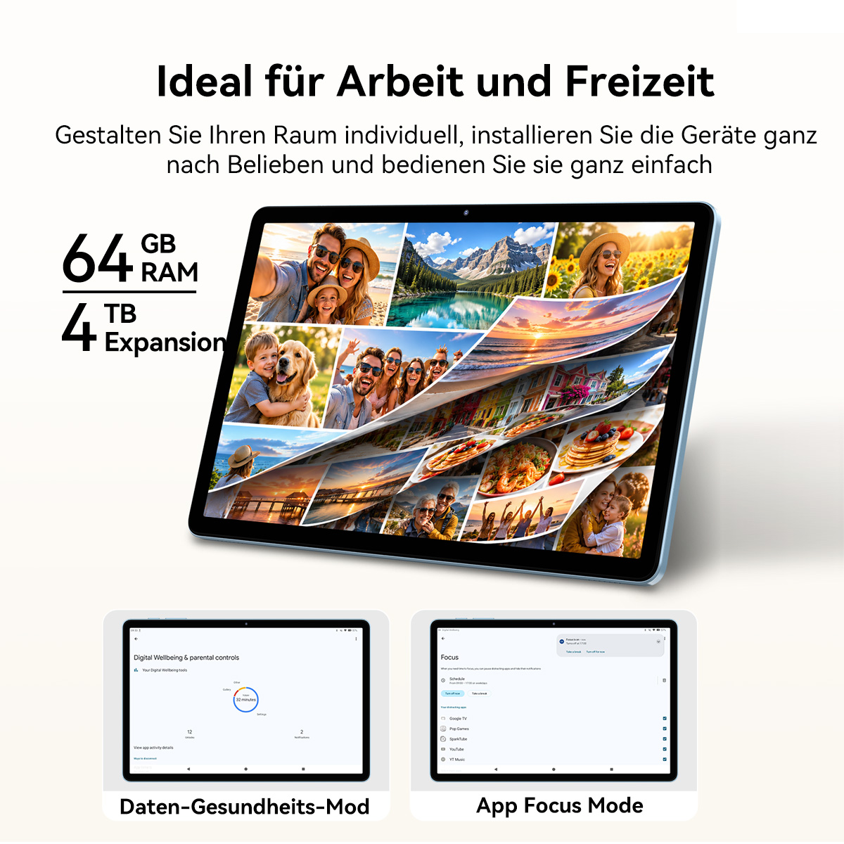 Tablet mit Collage aus Fotos, 64GB RAM, 4TB Erweiterung. Zwei Unteransichten.