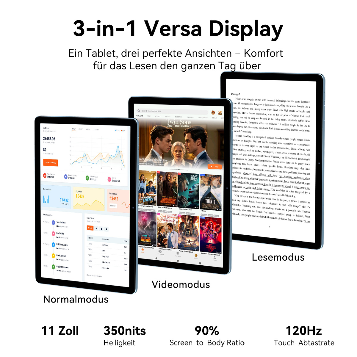 Drei Tablets zeigen unterschiedliche Modi: Normalmodus mit Diagrammen, Videomodus mit Filmauswahl, Lesemodus mit Text.