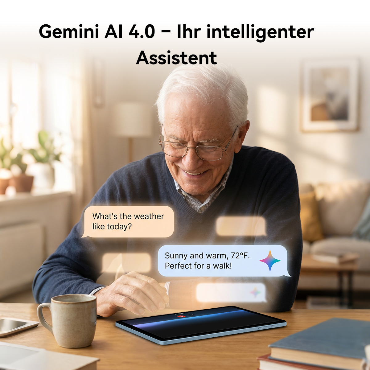 Ein älterer Mann lächelt, während er auf ein Tablet schaut, auf dem Wetterinformationen angezeigt werden.