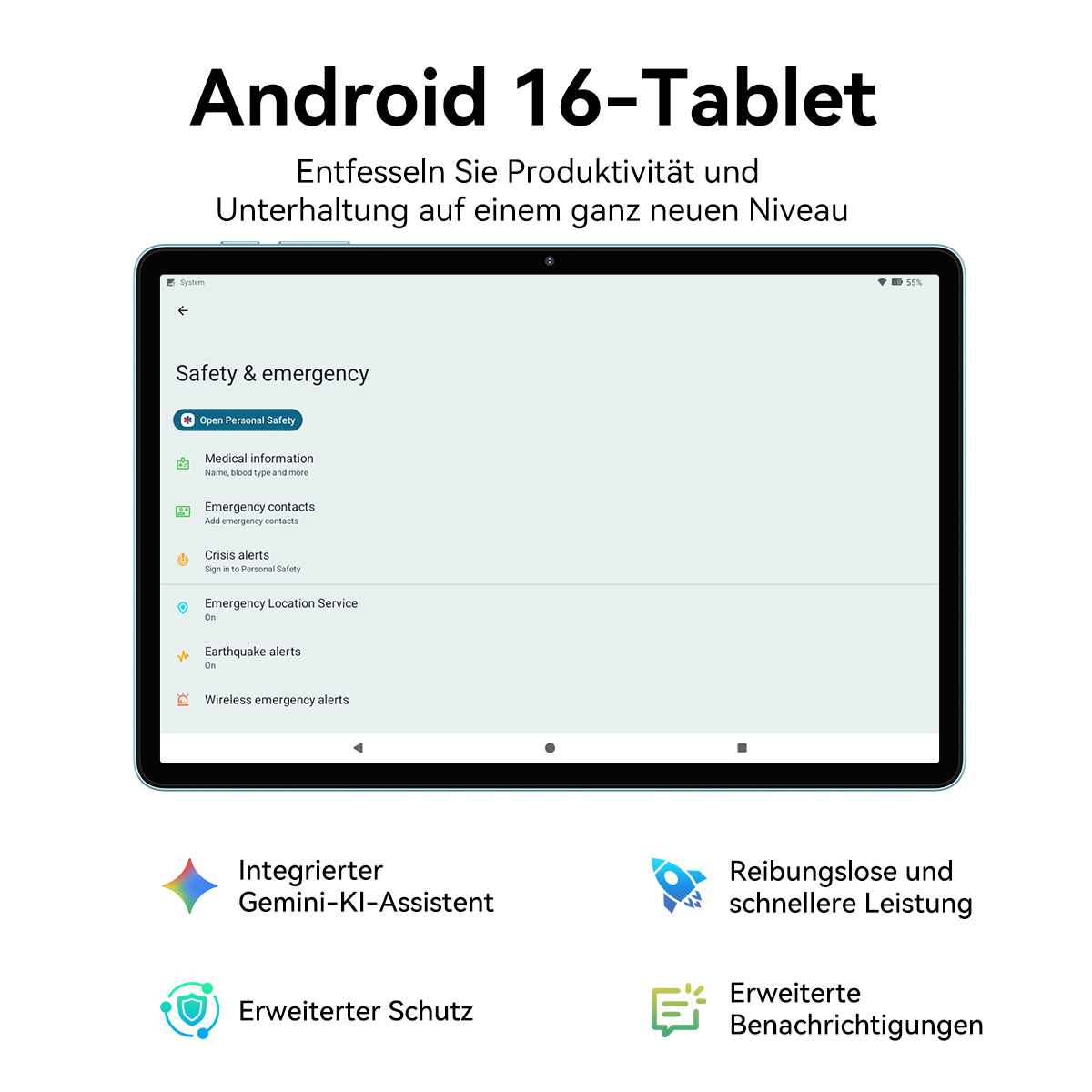 Ein Android 16-Tablet mit "Sicherheit & Notfall"-Einstellungen. Unten sind Symbole für KI-Assistent, Leistung, Schutz und Benachrichtigungen.