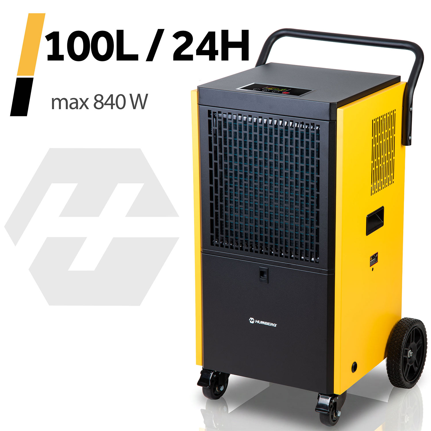Żółty osuszacz powietrza z czarnym panelem sterowania i kółkami. Specyfikacja: 100L/24H, maks. 840 W.