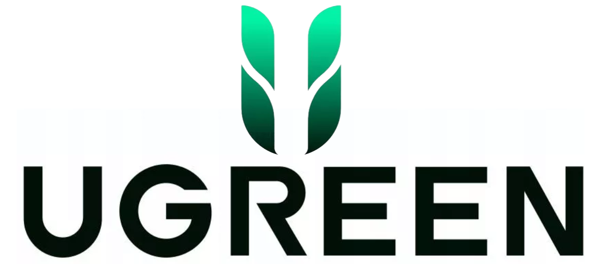 Logo przedstawia nazwę UGREEN w kolorze czarnym i stylizowane zielone logo liścia.