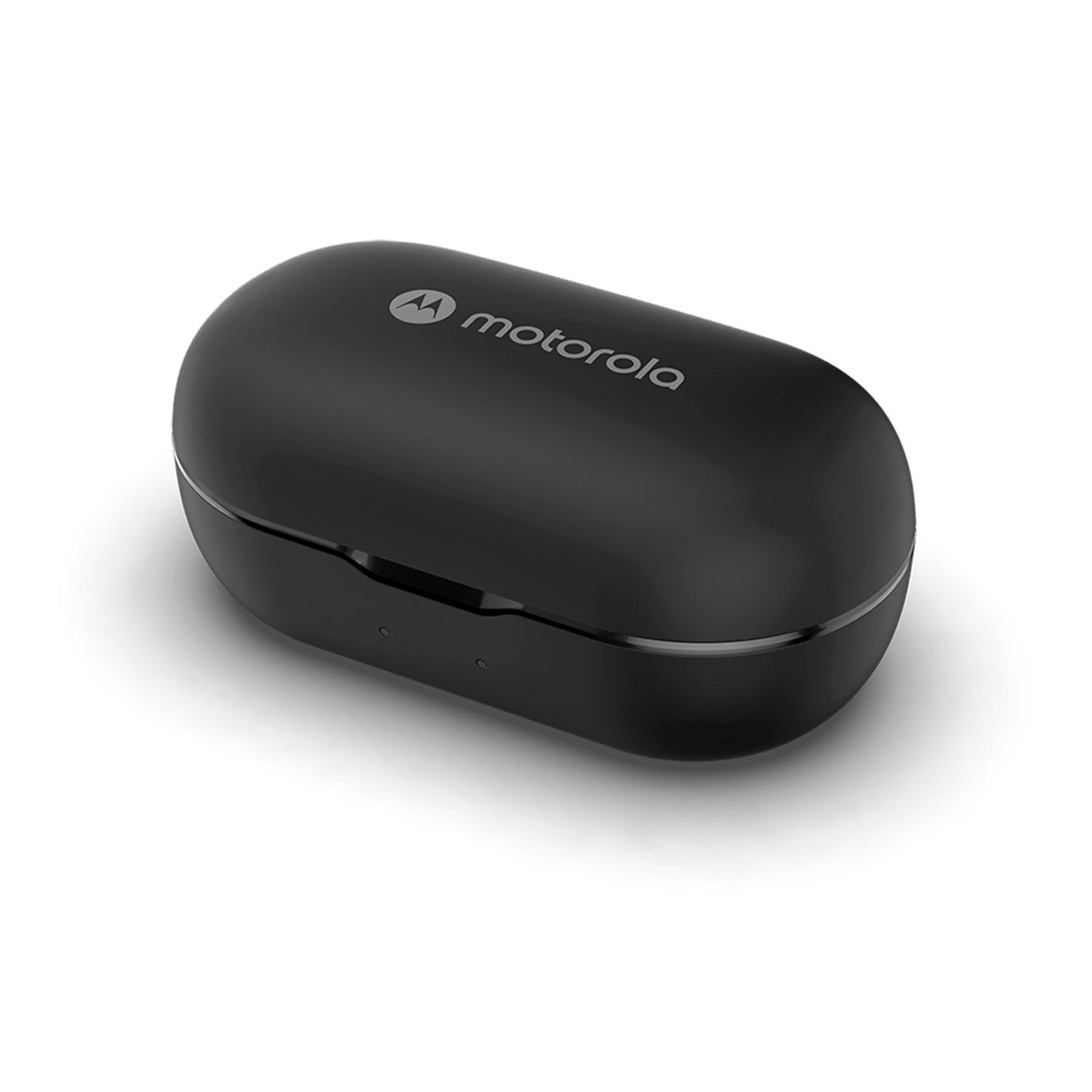 Ein schwarzes Motorola-Ladeetui für kabellose Ohrhörer, auf weißem Hintergrund.