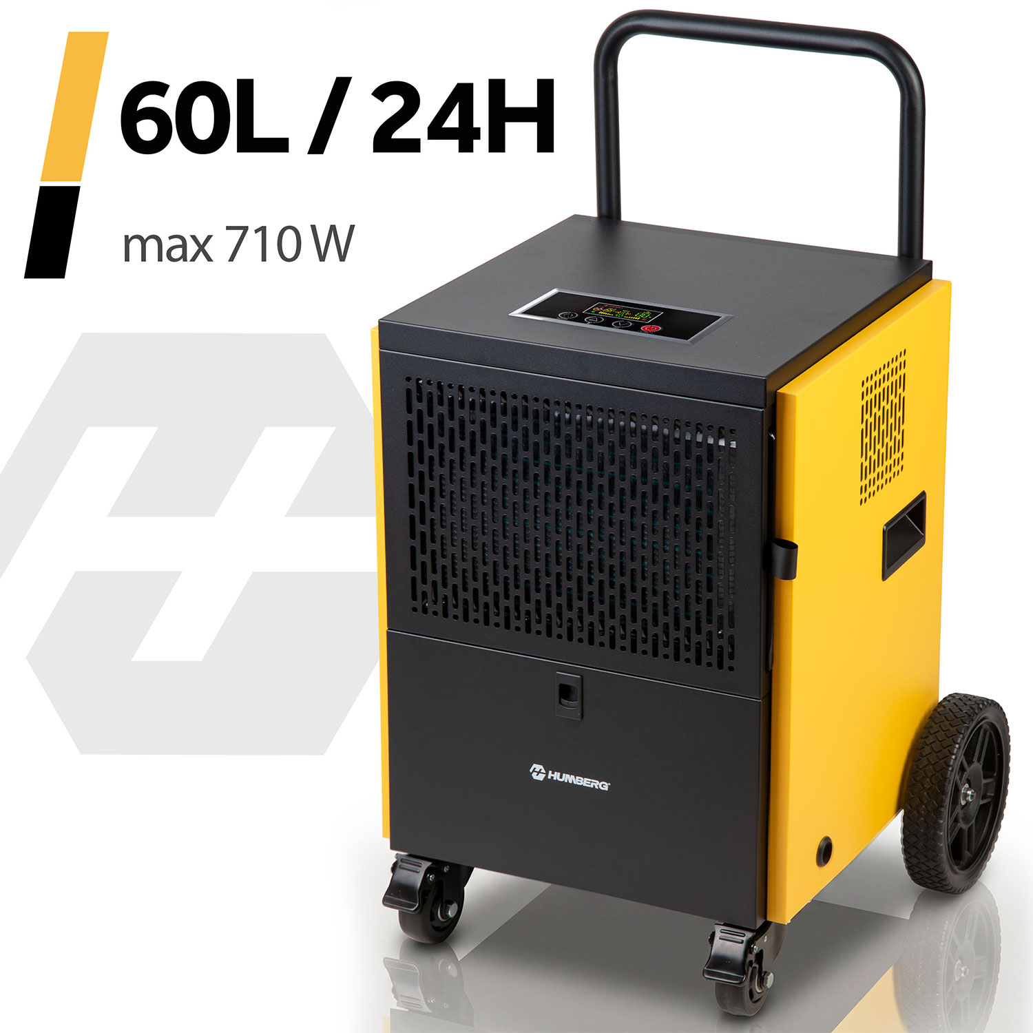 Żółty i czarny osuszacz powietrza z kółkami i uchwytem, 60L/24H, maks. 710W.