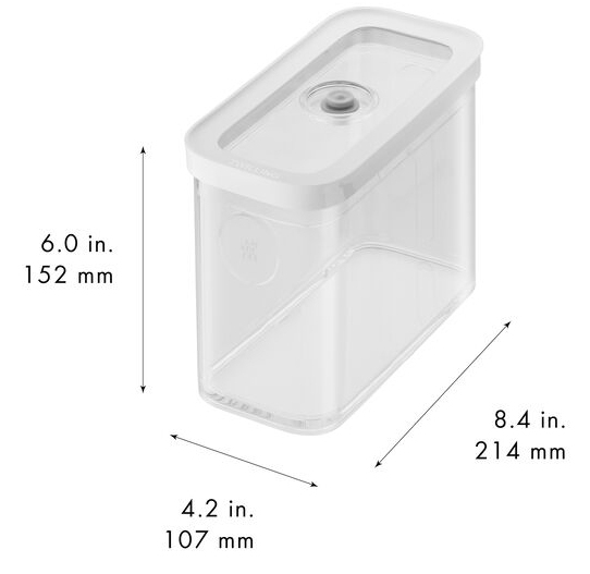 Recipiente rectangular transparente para alimentos con tapa blanca y sello de vacío. Dimensiones mostradas.