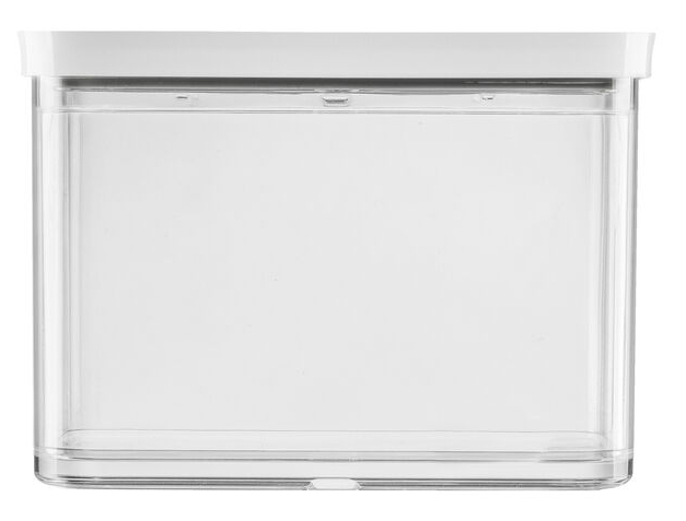 Un contenedor de almacenamiento transparente y vacío con tapa blanca.