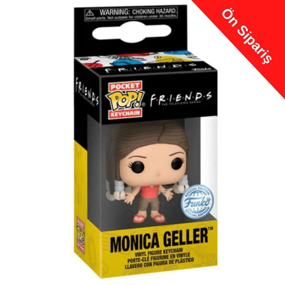 Funko Pop! Monica Geller Schlüsselanhänger in Verpackung mit Warnhinweis.