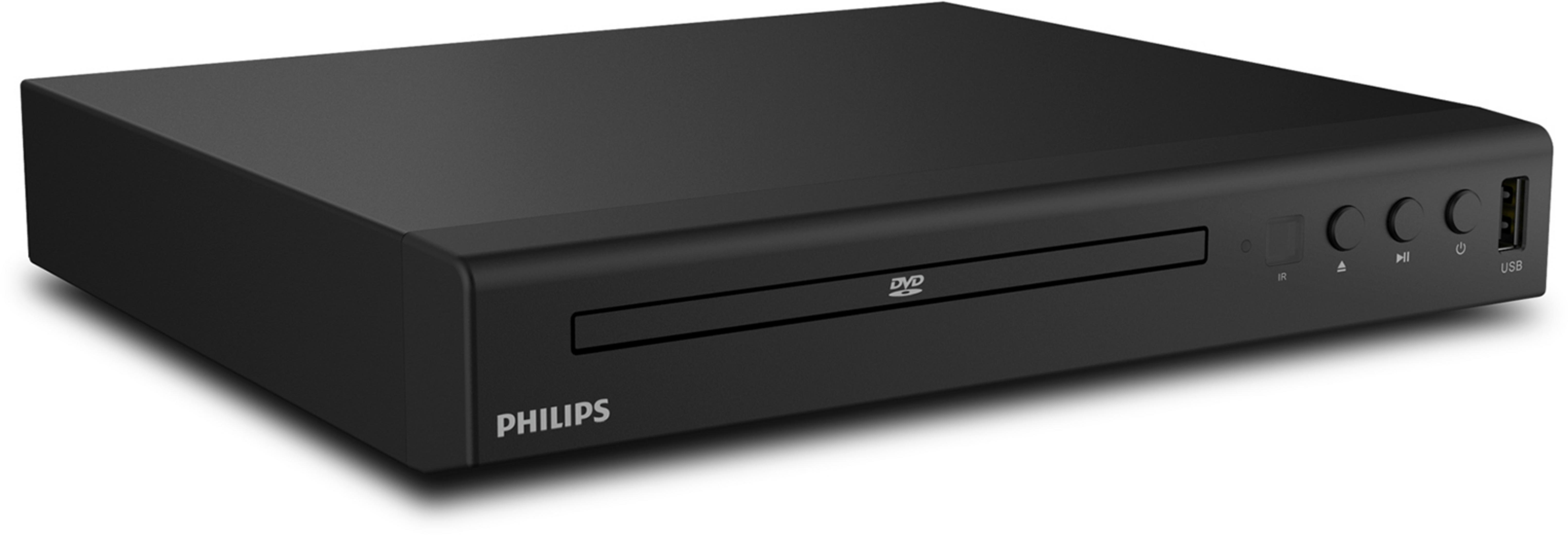 Ein schwarzer Philips DVD-Player mit Einschubfach, Tasten und USB-Anschluss.