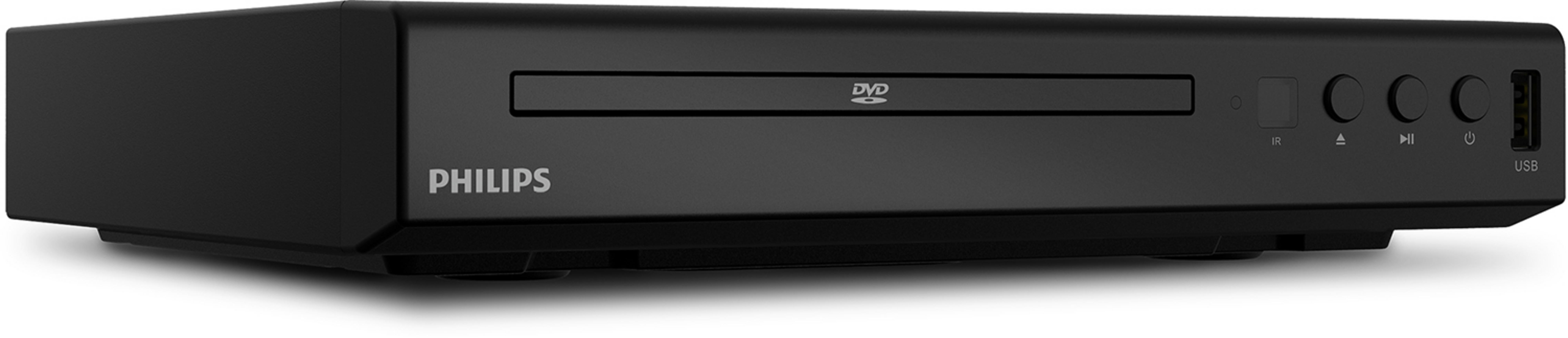 Schwarzer Philips DVD-Player mit Disc-Schacht, Tasten und USB-Anschluss.