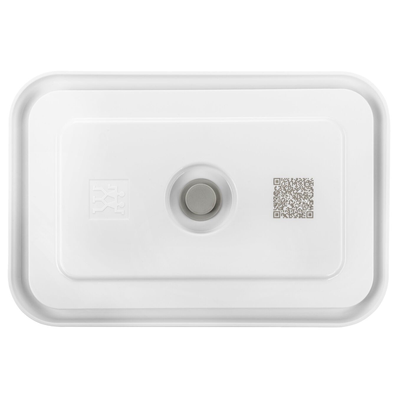 Scatola rettangolare bianca con pulsante grigio al centro e codici QR.