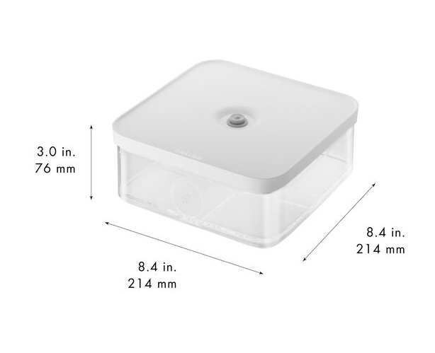 Contenedor blanco de almacenamiento al vac'o, 8.4x8.4x3 pulgadas. Base transparente, tapa blanca.